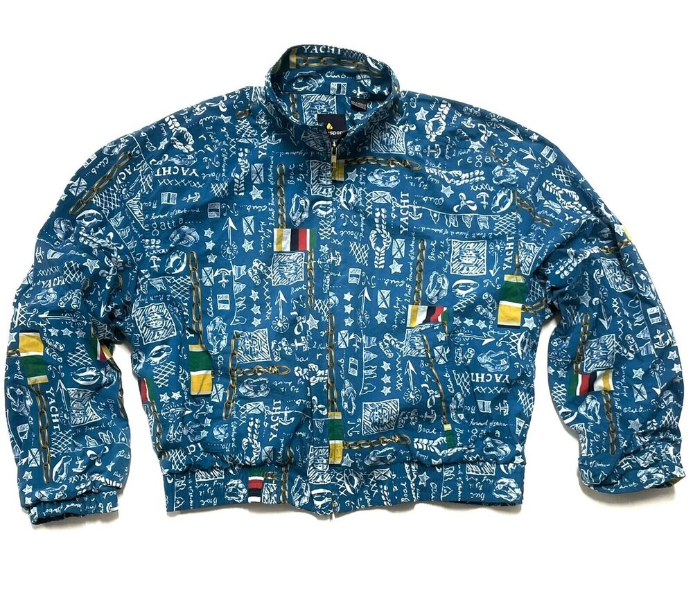 Vtg Nautical All Over YACHT Print Nylon Bomber Jacket Small Regatta Liz Sport